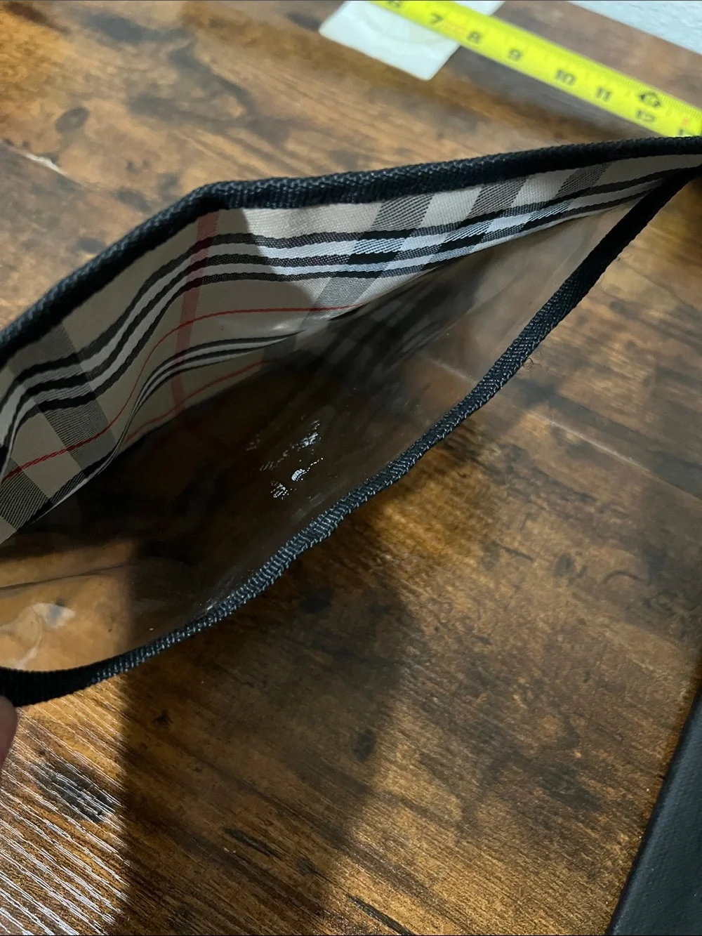 Beige Plaid Trifold Wallet with Black Trim